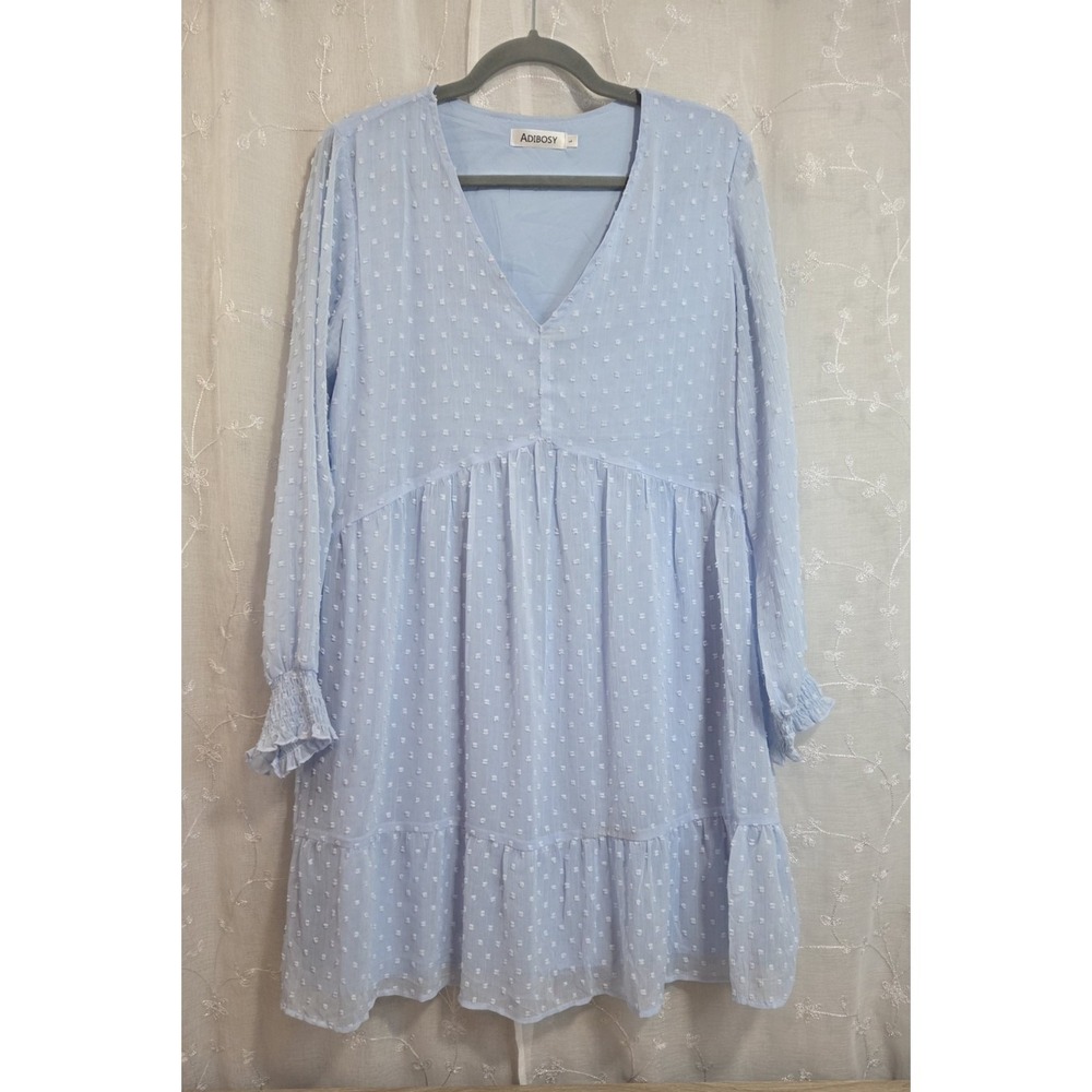 Adibosy Baby Blue Mini Dress Swiss Dot Ruffle‎ Sleeve Large